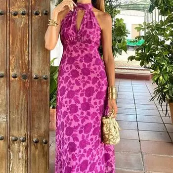 Элегантное печатное платье-халтер женское сексуальное без рукавов спинки миди женское вечернее платье летнее модное облегающее праздничное пляжное платье S розовый