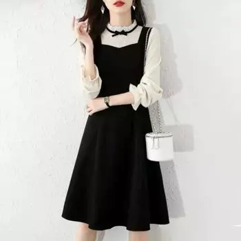 Элегантное платье А-силуэта для женщин, повседневное винтажное облегающее платье с длинными рукавами, черное, весна-осень, женская одежда больших размеров S чёрный