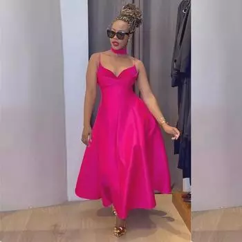 Элегантное платье А-силуэта с V-образным вырезом и высокой талией 2024 года — осенняя коллекция Европы и Америки M красный