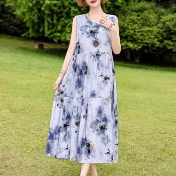 Элегантное платье без рукавов для женщин, большие размеры, свободное винтажное длинное платье с принтом, летняя женская одежда среднего возраста XL белый
