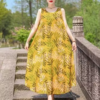 Элегантное платье без рукавов, летняя мода, повседневные свободные длинные платья с винтажным принтом для женщин, летняя одежда XL