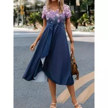 Элегантное платье больших размеров, женское платье макси с короткими рукавами и V-образным вырезом с цветочным принтом и плиссированной отделкой с запахом и подолом XL темно-синий