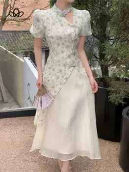 Элегантное платье Cheongsam с полым вырезом и цветочной строчкой, женское модное повседневное длинное вечернее платье M