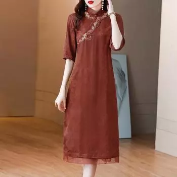 Элегантное платье Cheongsam в китайском стиле с вышивкой и женскими платьями с длинными рукавами L