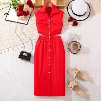 Элегантное платье для девочек, летнее детское модное платье-рубашка без рукавов с вырезом на спине и бедрами 130cm=8Y красный