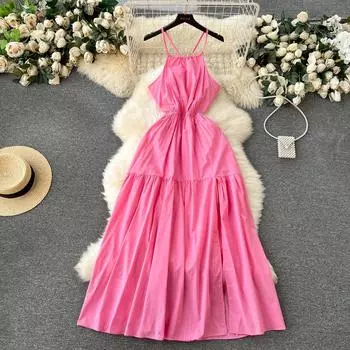 Элегантное платье феи с цветочным принтом, женское сексуальное вечернее платье миди на бретелях, повседневный дизайн, шикарное модное женское платье с высокой талией, 2024 S розовый