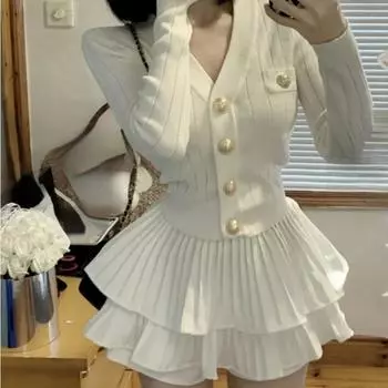 Элегантное платье, комплект с юбкой из 2 предметов, офисный женский повседневный французский вязаный топ + женская вечеринка, сексуальная мини-юбка, корейская мода, осень 2023 S белый