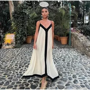 Элегантное платье макси на подтяжках, женские сексуальные летние пляжные платья на слинге, женский стиль ленивого отпуска, с открытой спиной и v-образным вырезом, контрастные цветные длинные платья для отпуска S