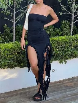 Элегантное платье макси с оборками, летние сексуальные бретели, без рукавов, со рюшами, вечерние платья для женщин, клубные наряды с открытой спиной S чёрный
