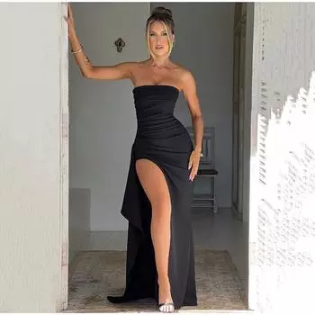 Элегантное платье макси с открытыми плечами и высокой талией, сексуальные клубные наряды для женщин, весна-лето 2025, новые однотонные вечерние платья без бретелек с оборками S красный