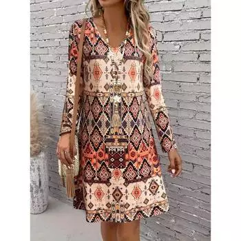 Элегантное платье миди с длинным рукавом и V-образным вырезом в этническом стиле для женщин S