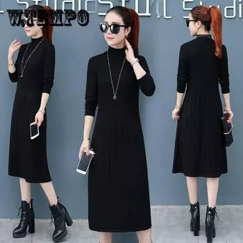 Элегантное платье миди с полувысоким воротником и разрезом, женское вязаное платье-свитер, платье на пуговицах с длинным рукавом XL