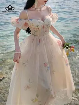 Элегантное платье миди, женское летнее модное платье трапециевидной формы с открытыми плечами и принтом, винтажная вечерняя одежда, женские Vestdios S бежевый