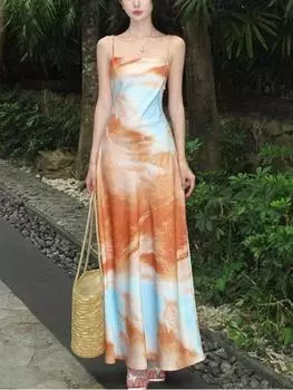 Элегантное платье на бретельках с открытыми плечами, женское сексуальное платье с принтом, шикарные длинные платья с открытой спиной, женская милая модная пляжная одежда без рукавов S оранжевый