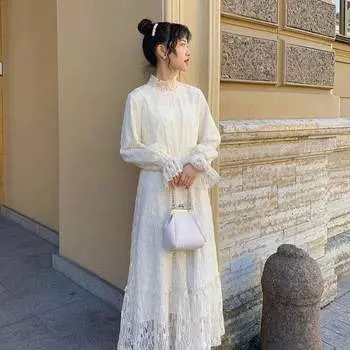 Элегантное платье осень-зима, винтажное кружевное сетчатое длинное платье макси, повседневное женское вечернее платье S