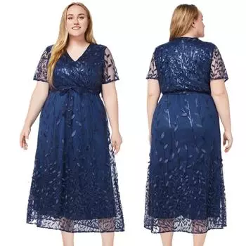 Элегантное платье подружки невесты с блестящими украшениями: Платье больших размеров с V-образным вырезом и короткими рукавами XL темно-синий