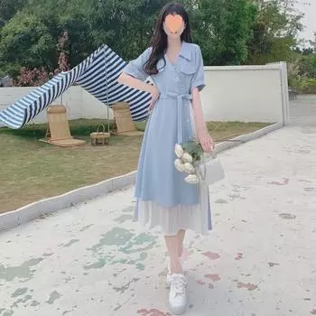 Элегантное платье-рубашка из двух частей с V-образным вырезом - летняя длинная юбка с французским литературным принтом Large