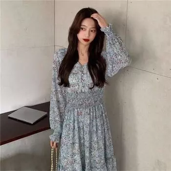 Элегантное платье с цветочным принтом, эстетичное платье с V-образным вырезом, модное платье-рубашка с жемчужным цветочным принтом, лето XXL синий