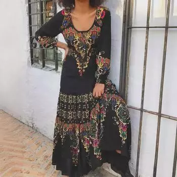 Элегантное платье с цветочным принтом, длинными рукавами и U-образным вырезом на весну и осень Small вино красного