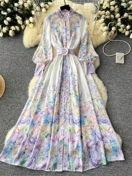 Элегантное платье с цветочным принтом для женщин Frence Fashion Senior с длинным рукавом и поясом на пуговицах, облегающее винтажное шикарное платье 2024 года S бежевый