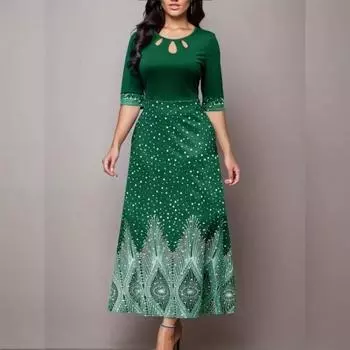 Элегантное платье с цветочным принтом, с рукавом три четверти и круглым вырезом для женщин, для вечеринки, банкета, с вырезами S зелёный