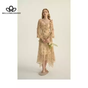 Элегантное платье с цветочным принтом во французском стиле, длинное платье феи, шифоновое платье с длинными рукавами, морское праздничное платье с длинными рукавами и нерегулярным подолом S бежевый