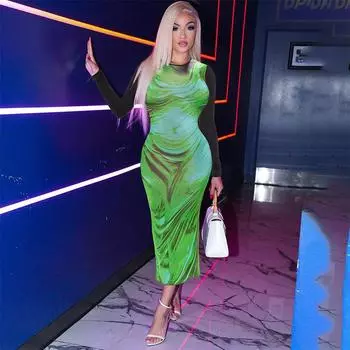 Элегантное платье с цветочным принтом, высокой талией и большими складками, осень 2024, новое облегающее модное платье с V-образным вырезом и длинными рукавами для женщин L коричневый