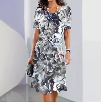 Элегантное платье с цветочным принтом, женское платье с круглым вырезом и коротким рукавом, 2024, новое летнее женское повседневное свободное удобное винтажное длинное платье S
