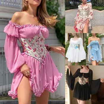 Элегантное платье с цветочным принтом, женское платье принцессы на шнуровке, милое платье миди с рукавами-бинтами, повседневное платье, летнее сексуальное платье S розовый