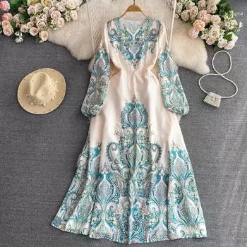 Элегантное платье с длинным рукавом и круглым воротником Senior Sense в стиле ретро с принтом на талии для похудения