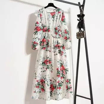 Элегантное платье с длинным рукавом с цветочным принтом и круглым вырезом, модное женское свободное шифоновое длинное платье трапециевидной формы с весенним дном и оборками, сладкое вечернее платье 1030 S