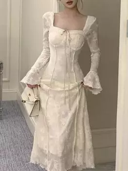 Элегантное платье с французским бантом и квадратным воротником, рукавами-рогами, женское, осень-зима, винтажное, с высокой талией, тонкое, нежное, длинное, шикарное, дизайнерское, кружевное, праздничная одежда S бежевый