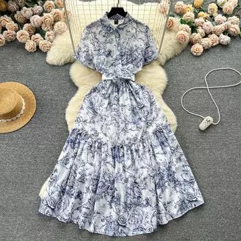 Элегантное платье с французским ретро-принтом, женское платье с рубашечным воротником, облегающее талию, элегантное платье средней длины, модная отпускная одежда M темно-синий
