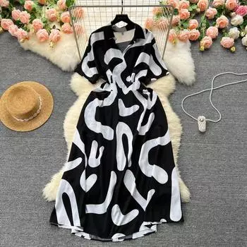 Элегантное платье с геометрическим принтом для женщин, лето 2024, новая модная рубашка с отложным воротником, рубашка с эластичной резинкой на талии, большие свободные платья, халат One Size розовый