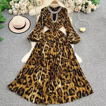 Элегантное платье с круглым вырезом, рукавами-фонариками, инкрустированное бриллиантами, женское летне-осеннее платье с леопардовым принтом, приталенное, с большой юбкой one size коричневый