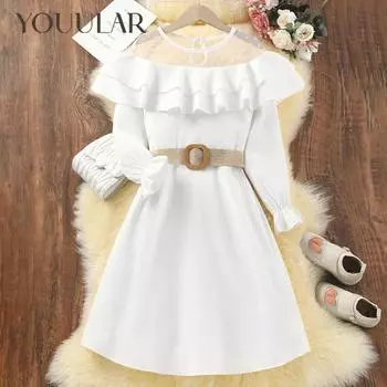 Элегантное платье с открытыми плечами и длинными рукавами для девочек — идеально подходит для вечеринок и повседневной носки 8Y белый