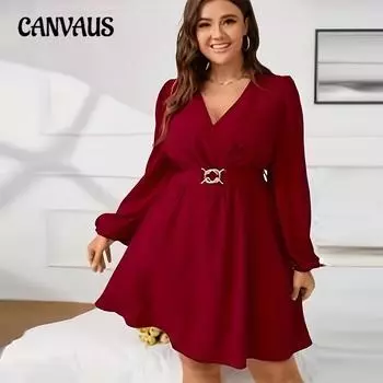 Элегантное платье с поясом, V-образным вырезом и длинными рукавами больших размеров, весенне-осеннее платье-маятник А-силуэта 1XL бордовый