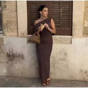 Элегантное платье с разрезом на одно плечо, женское, облегающее, без рукавов, с высокой талией, сексуальное, длинное, женское, коричневое, с открытыми плечами S коричневый