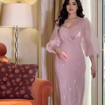 Элегантное платье с рукавами-фонариками из сетки и пайеток с V-образным вырезом S розовый