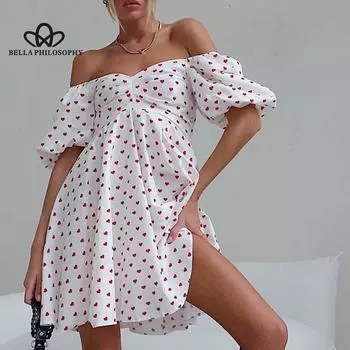 Элегантное платье с рюшами и узкой талией в европейском и американском стиле с принтом и объемными рукавами S белый