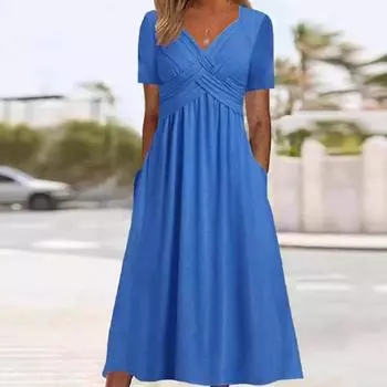 Элегантное платье с V-образным вырезом и перекрестной плиссировкой с карманами Повседневное летнее платье для женщин S синий