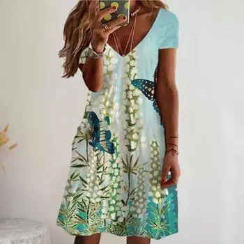Элегантное платье с V-образным вырезом и коротким рукавом с большим подолом, женское повседневное платье с красочным цветочным принтом