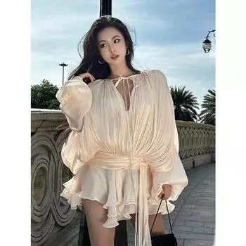 Элегантное платье с V-образным вырезом, плиссированное, со шнуровкой, оборками и шлейфом, короткое, однотонное, женское вечернее платье 2024 года, осень, новая волна S чёрный