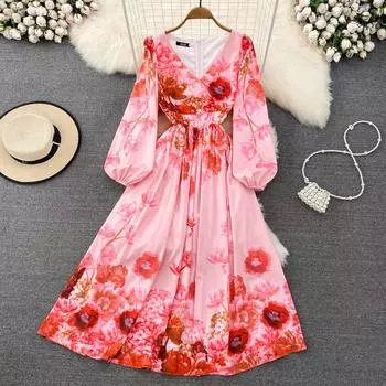 Элегантное платье с v-образным вырезом и длинным рукавом на талии Senior Sense of Temperament с принтом и принтом