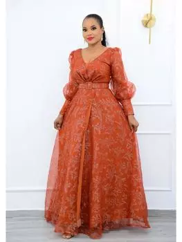 Элегантное платье трапециевидной формы, африканская одежда для женщин, Дашики, африканское платье с круглым вырезом и рукавами-фонарями, вечерние платья в стиле ретро, большие размеры 5XL L оранжевый