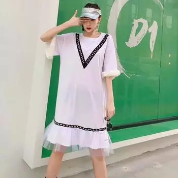 Элегантное платье XITAO Tide в стиле пэчворк с заклепками DMY4123 One Size белый