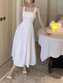 Элегантное платье, женское шикарное французское сексуальное ретро платье Хепберн, милое эстетичное длинное платье с квадратным воротником и складками на талии, облегающее большой подол S чёрный