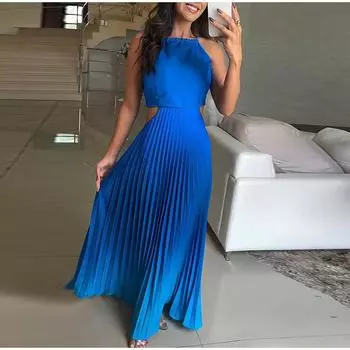 Элегантное плиссированное длинное платье градиентного цвета, модное женское платье без рукавов с подвесным дизайном, стильное, модное, новинка 2025 года S синий