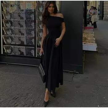 Элегантное плиссированное платье для женщин, модное уличное платье с коротким рукавом в стиле пэчворк, длинное платье, повседневное офисное женское платье с нестандартным вырезом S чёрный