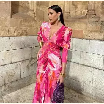 Элегантное плиссированное платье макси с V-образным вырезом, контрастное, с длинными рукавами, нарядное платье для женщин, весна-лето, женские вечерние платья S розовый
